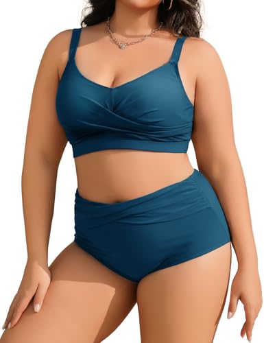 Tuopuda Damen GroßE Größen Bikini-Set Bauchweg Bademode Twist-Kreuz Push Up Bikini-Oberteil High Waist Bikini Hose Weiche BadeanzüGe Curvy Strandmode Mit Verstellbarem Schultergurt, Grün-blau, XL von Tuopuda