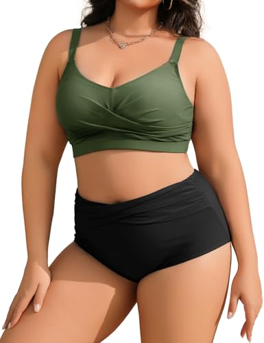 Tuopuda Damen Große Größe Push Up Bikini Set Bauchweg Badeanzug Hoher Ruched Bademode Zweiteiliger Große Brüste High Waist Push Up Bikinis V Ausschnitt, Grün+Schwarz, L von Tuopuda