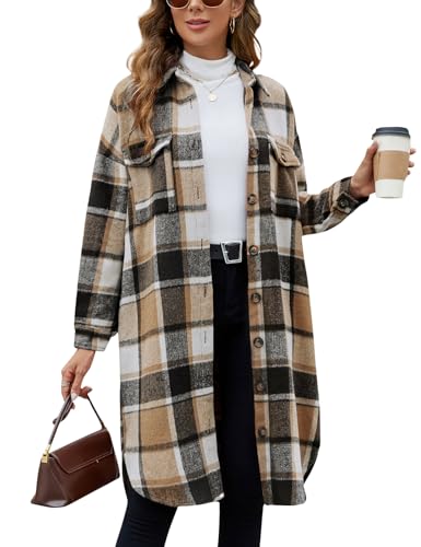 Tuopuda Damen Hemdjacke Karierte Shacket Lange Loose Mantel Casual Flanell Lange Ärmel Knopfleiste Jacke Übergangsjacke(Khaki,L) von Tuopuda