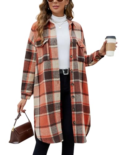 Tuopuda Damen Hemdjacke Karierte Shacket Lange Loose Mantel Casual Flanell Lange Ärmel Knopfleiste Jacke Übergangsjacke(Orange,XXL) von Tuopuda
