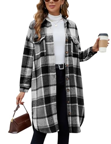 Tuopuda Damen Hemdjacke Karierte Shacket Lange Loose Mantel Casual Flanell Lange Ärmel Knopfleiste Jacke Übergangsjacke(Schwarz,S) von Tuopuda