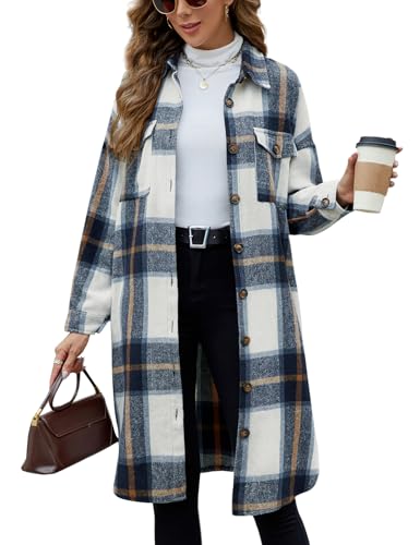 Tuopuda Damen Hemdjacke Karierte Shacket Lange Loose Mantel Casual Flanell Lange Ärmel Knopfleiste Jacke Übergangsjacke(Blau,XXL) von Tuopuda
