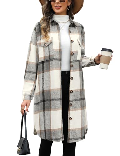 Tuopuda Damen Hemdjacke Karierte Shacket Lange Loose Mantel Casual Flanell Lange Ärmel Knopfleiste Jacke Übergangsjacke(Hellkhaki,S) von Tuopuda