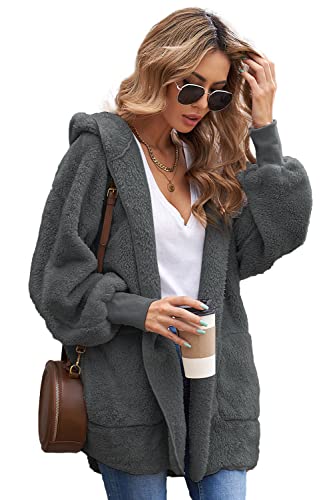 Tuopuda Damen Hoodie Jacke Oversize Mantel Winter Plüschjacke Langarm Wintermantel Warm Cardigan Kapuzenpullover Sweatshirt mit Kapuze Strickjacke Kapuzenjacke mit Taschen Winterjacke, Dunkelgrau, XL von Tuopuda