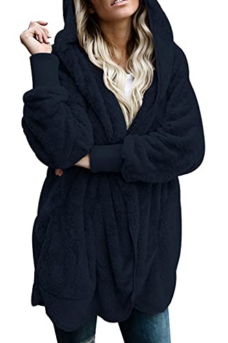 Tuopuda Fleecejacke Damen mit Kapuze Teddyjacke Warme Fliessjacken, Comfy Softjacket Langarm Geschenk für Frauen, Marine, L von Tuopuda