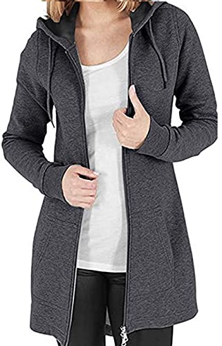 Tuopuda Sweatjacke Damen Lang mit Kapuze Sweatshirt Jacke, Zipper Hoodie Herbst Winter Pulli mit Reißverschluss für Frauen Fleece Kapuzenjacke, Dunkelgrau, L von Tuopuda