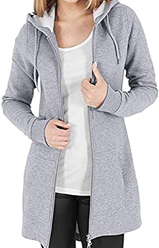 Tuopuda Fleecejacke Damen Lang Winterjacke Sweatjacke Kapuzenjacke Zip Kapuzenpullover Lose Jacken Einfarbig Sweatshirt Langen Mantel Outwear, Grau, M von Tuopuda