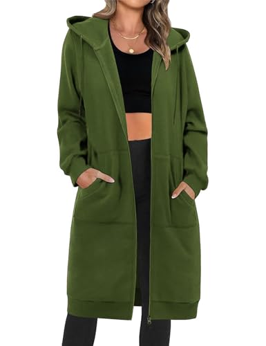 Tuopuda Damen Lange Kapuzenpullover mit Reißverschluss Hoodie Jacke Langarm Herbst Winter Pulli Sweatjacke Sweatshirts Kapuzenpullover Streetwear Strickjacke mit Taschen(Grün,XXL) von Tuopuda
