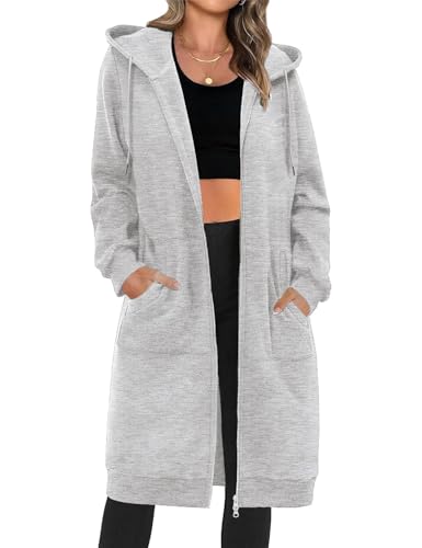 Tuopuda Damen Lange Kapuzenpullover mit Reißverschluss Hoodie Jacke Langarm Herbst Winter Pulli Sweatjacke Sweatshirts Kapuzenpullover Streetwear Strickjacke mit Taschen(Hellgrau,XL) von Tuopuda