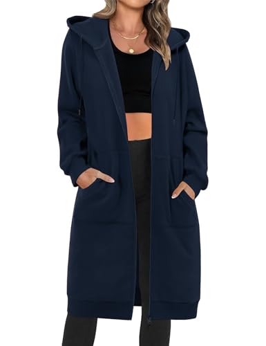 Tuopuda Damen Lange Kapuzenpullover mit Reißverschluss Hoodie Jacke Langarm Herbst Winter Pulli Sweatjacke Sweatshirts Kapuzenpullover Streetwear Strickjacke mit Taschen(Marineblau,M) von Tuopuda