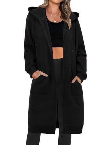 Tuopuda Damen Lange Kapuzenpullover mit Reißverschluss Hoodie Jacke Langarm Herbst Winter Pulli Sweatjacke Sweatshirts Kapuzenpullover Streetwear Strickjacke mit Taschen(Schwarz,XL) von Tuopuda