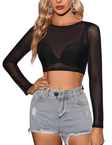 Tuopuda Damen Netz Oberteil Transparentes Shirt Sexy Langarmshirt Durchsichtige T-Shirt Sheer Mesh Bluse Tunika Casual Clubwear Party Tops, F, L von Tuopuda