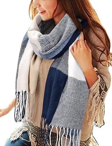 Tuopuda Damen Plaid Dreieckschal Winter, Pashmina Schal Weiche Quaste Wickeltuch Weihnachtsgeschenke Für Adventskalender, Blau + Weiß, Einheitsgröße von Tuopuda