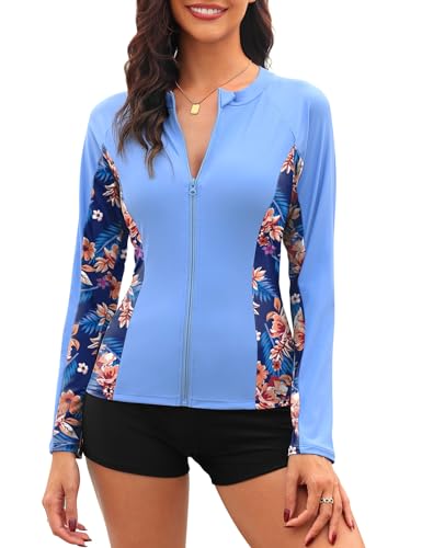 Tuopuda UV Shirt Damen Schwimmshirt Langarm Rash Guard mit Zip UPF 50+ UV Schutz Rashguards Badeshirt Langarmshirts Sportshirt für Wasser Strand Surfen Schwimmen S-XXL, Blau, XL von Tuopuda