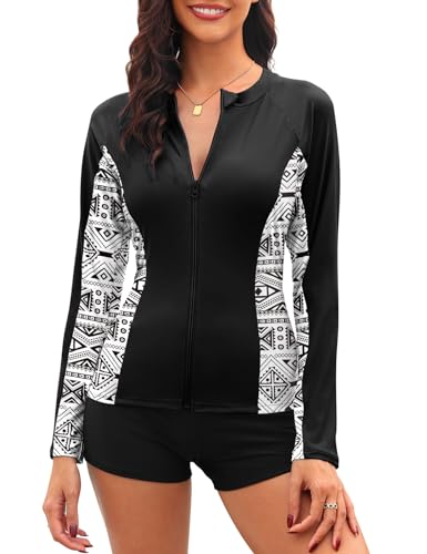 Tuopuda Rash Guard Shirt Damen Langarm mit Zip UPF 50+ UV Schutz Shirt Schwimmshirt Sonnenschutz Langarmshirts Rashguards Sportshirt Yoga Ausbildung Gym Surf Laufshirt, Schwarz-A, L von Tuopuda