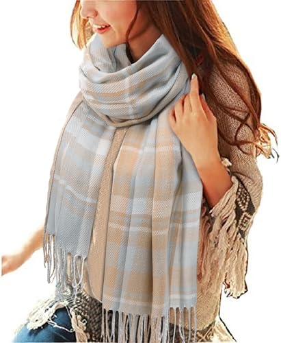 Tuopuda Damen Schal Kariert Pashmina XXL Stolen übergroßer Herbstschal Winterschal Karo Tartan Schultertuch Plaid Deckenschal Modeschal Weicher Warmer Oversized Fransen, Khaki + Blau, Einheitsgröße von Tuopuda