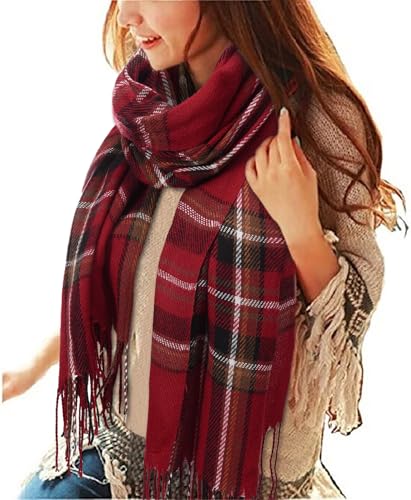 Tuopuda Damen Schal Kariert Pashmina XXL Stolen übergroßer Herbstschal Winterschal Karo Tartan Schultertuch Plaid Deckenschal Modeschal Weicher Warmer Oversized Fransen, Rot, Einheitsgröße von Tuopuda