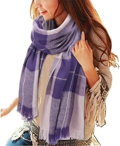 Tuopuda Damen Schal Kariert Pashmina XXL Stolen übergroßer Herbstschal Winterschal Karo Tartan Schultertuch Plaid Deckenschal Modeschal Weicher Warmer Oversized Fransen, Violett + Blau, Einheitsgröße von Tuopuda