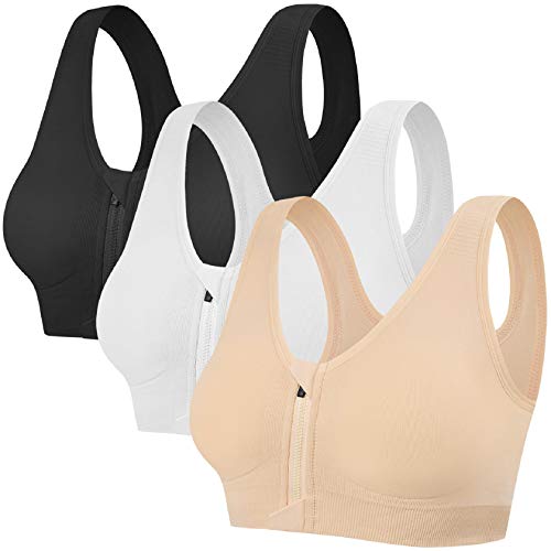 Tuopuda Damen Sport BH Gepolstert Elastizität Bustier Yoga BH ohne Bügel Push Up Zip Front Sports Bra Starker Halt Doppelt Träger Große Brüste für Fitness Laufen Joggen, Schwarz + Weiß + Hautton, S von Tuopuda