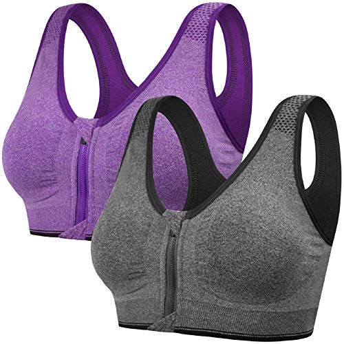 Tuopuda Damen Sport BH Gepolstert Elastizität Bustier Yoga BH ohne Bügel Push Up Zip Front Sports Bra Starker Halt Doppelt Träger Große Brüste für Fitness Laufen Joggen Top, Grau + lila, M von Tuopuda