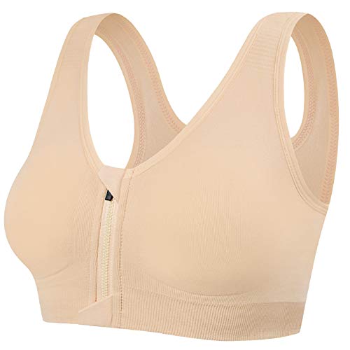 Tuopuda Damen Sport BH Gepolstert Elastizität Bustier Yoga BH ohne Bügel Push Up Zip Front Sports Bra Starker Halt Doppelt Träger Große Brüste für Fitness Laufen Joggen Top, Hautton, L von Tuopuda