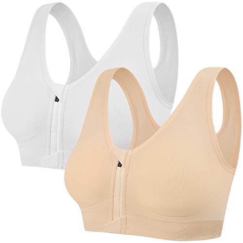 Tuopuda Damen Sport BH Gepolstert Elastizität Bustier Yoga BH ohne Bügel Push Up Zip Front Sports Bra Starker Halt Doppelt Träger Große Brüste für Fitness Laufen Joggen Top, Weiß + Hautton, XXL von Tuopuda