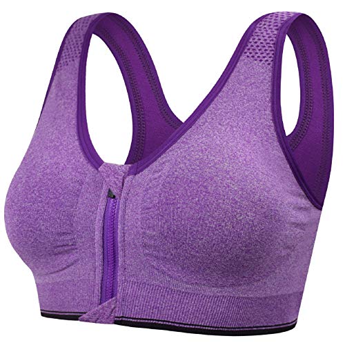 Tuopuda Damen Sport BH Gepolstert Elastizität Bustier Yoga BH ohne Bügel Push Up Zip Front Sports Bra Starker Halt Doppelt Träger Große Brüste für Fitness Laufen Joggen Top, lila, L von Tuopuda