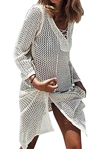 Tuopuda Damen Strandkleid Gestrickte Crochet Bikini Cover Up Sommer Boho Strandponcho V-Ausschnitt Badeanzug Bedecken Pareos Sexy Cutout Tunika Minikleid Kurze Kleid, Y-Weiß von Tuopuda