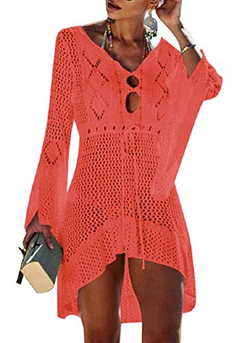 Tuopuda Damen Strandkleid Gestrickte Crochet Bikini Cover Up Sommer Boho Strandponcho V-Ausschnitt Badeanzug Bedecken Pareos Sexy Cutout Tunika Minikleid Strand Kurze Kleid Sommerkleid, rot von Tuopuda