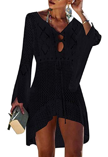 Tuopuda Damen Strandkleid Gestrickte Crochet Bikini Cover Up Sommer Boho Strandponcho V-Ausschnitt Badeanzug Bedecken Pareos Sexy Cutout Tunika Minikleid Strand Kurze Kleid Sommerkleid, schwarz von Tuopuda