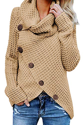 Tuopuda Damen Strickjacke Warm Strickpullover Oversize Rollkragen Winterpullover Lang Outwear Casual Sweatshirt Asymmetrie Oberteil ,Beige,M von Tuopuda