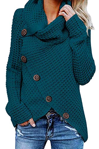 Tuopuda Damen Strickjacke Warm Strickpullover Oversize Rollkragen Winterpullover Lang Outwear Casual Sweatshirt Asymmetrie Oberteil ,Blau,M von Tuopuda