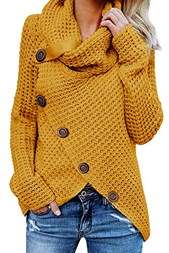 Tuopuda Damen Strickjacke Warm Strickpullover Oversize Rollkragen Winterpullover Lang Outwear Casual Sweatshirt Asymmetrie Oberteil ,Gelb,L von Tuopuda