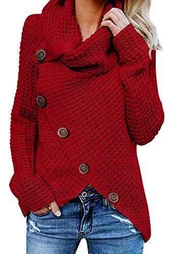 Tuopuda Damen Strickjacke Warm Strickpullover Oversize Rollkragen Winterpullover Lang Outwear Casual Sweatshirt Asymmetrie Oberteil ,Rot,L von Tuopuda