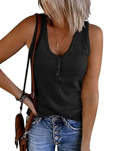 Tuopuda Damen Tank Tops Sommer Crop Top V-Ausschnitt Basic Oberteile Strickshirts Ärmelloses Blusen Elegant Weste Vest T-Shirt Trägershirt mit Knöpfen Racerback BH Unterhemden ohne Bügel, schwarz, L von Tuopuda