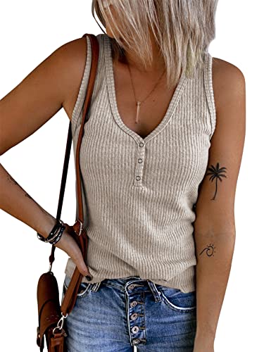 Tuopuda Damen Tank Tops Sommer Crop Top V-Ausschnitt Basic Oberteile Strickshirts Ärmelloses Blusen Elegant Weste Vest T-Shirt Trägershirt mit Knöpfen Racerback BH Unterhemden ohne Bügel, Beige, S von Tuopuda