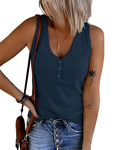 Tuopuda Damen Tank Tops Sommer Crop Top V-Ausschnitt Basic Oberteile Strickshirts Ärmelloses Blusen Elegant Weste Vest T-Shirt Trägershirt mit Knöpfen Racerback BH Unterhemden ohne Bügel, Marine, M von Tuopuda