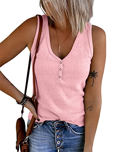 Tuopuda Damen Tank Tops Sommer Crop Top V-Ausschnitt Basic Oberteile Strickshirts Ärmelloses Blusen Elegant Weste Vest T-Shirt Trägershirt mit Knöpfen Racerback BH Unterhemden ohne Bügel, Rosa, XL von Tuopuda