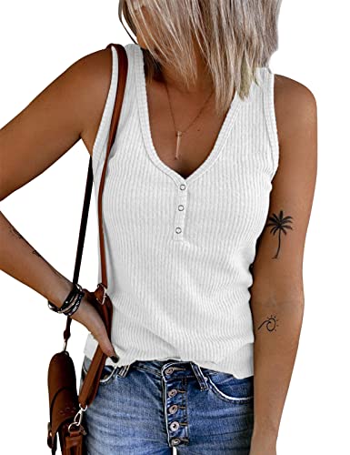 Tuopuda Damen Tank Tops Sommer Crop Top V-Ausschnitt Basic Oberteile Strickshirts Ärmelloses Blusen Elegant Weste Vest T-Shirt Trägershirt mit Knöpfen Racerback BH Unterhemden ohne Bügel, Weiß, M von Tuopuda