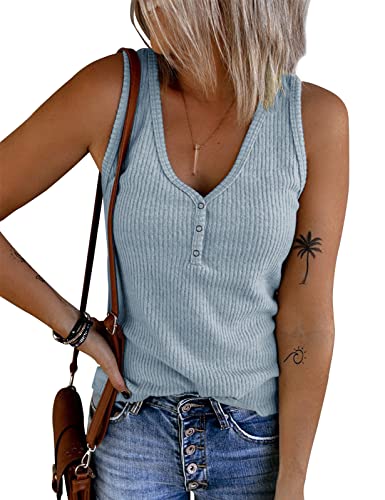 Tuopuda Damen Tank Tops Sommer Crop Top V-Ausschnitt Basic Oberteile Strickshirts Ärmelloses Blusen Elegant Weste Vest T-Shirt Trägershirt mit Knöpfen Racerback BH Unterhemden ohne Bügel, grau, XL von Tuopuda