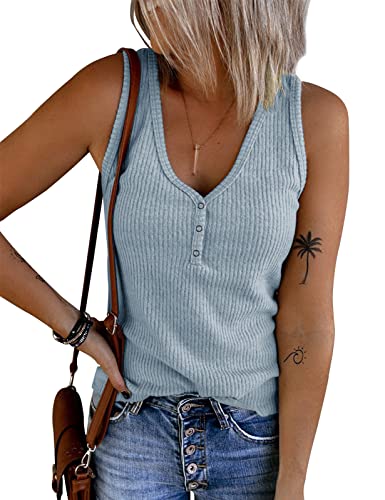 Tuopuda Damen Tank Tops Sommer Crop Top V-Ausschnitt Basic Oberteile Strickshirts Ärmelloses Blusen Elegant Weste Vest T-Shirt Trägershirt mit Knöpfen Racerback BH Unterhemden ohne Bügel, grau, L von Tuopuda