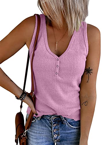 Tuopuda Damen Tank Tops Sommer Crop Top V-Ausschnitt Basic Oberteile Strickshirts Ärmelloses Blusen Elegant Weste Vest T-Shirt Trägershirt mit Knöpfen Racerback BH Unterhemden ohne Bügel, lila, XL von Tuopuda