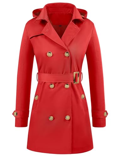 Tuopuda Damen Trenchcoat Jacke Wasserabweisender Langer Mantel Winddichter Wintermantel Windjacke Übergangsmantel Revers Damenmantel mit Abnehmbare Kapuze(Rot,L) von Tuopuda