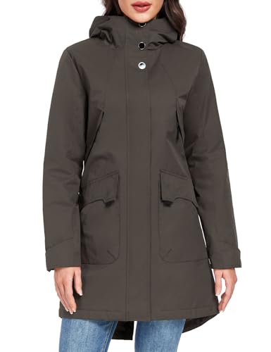 Tuopuda Damen Übergangsjacke Leichte Jacke mit Kapuze Wasserdichte Langer Wintermantel für Frauen Warm Fleece Winterjacke Lange Windbreaker Parka(Grau,S) von Tuopuda