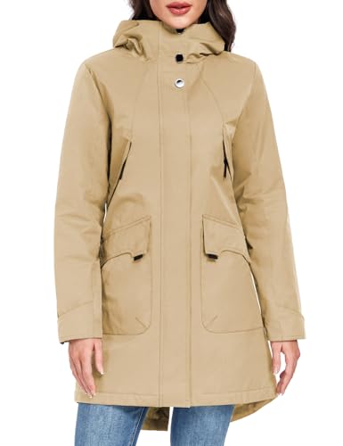 Tuopuda Damen Übergangsjacke Leichte Jacke mit Kapuze Wasserdichte Langer Wintermantel für Frauen Warm Fleece Winterjacke Lange Windbreaker Parka(Khaki,XXL) von Tuopuda