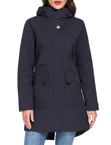 Tuopuda Damen Übergangsjacke Leichte Jacke mit Kapuze Wasserdichte Langer Wintermantel für Frauen Warm Fleece Winterjacke Lange Windbreaker Parka(Marineblau,XXL) von Tuopuda