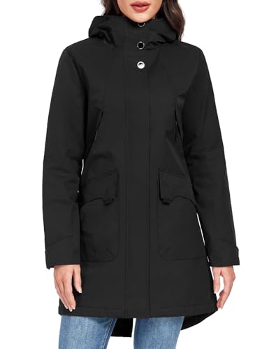 Tuopuda Damen Übergangsjacke Leichte Jacke mit Kapuze Wasserdichte Langer Wintermantel für Frauen Warm Fleece Winterjacke Lange Windbreaker Parka(Schwarz,XL) von Tuopuda