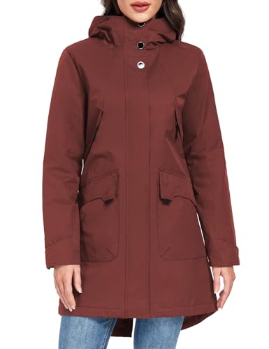 Tuopuda Damen Übergangsjacke Leichte Jacke mit Kapuze Wasserdichte Langer Wintermantel für Frauen Warm Fleece Winterjacke Lange Windbreaker Parka(Weinrot,M) von Tuopuda