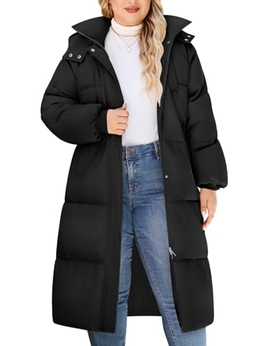 Tuopuda Damen Übergröße Wintermantel Lang Steppmantel mit Kapuze Wärme Verdicken Wasserabweisender Wintermäntel Steppjacke Winterjacke(Schwarz,3XL) von Tuopuda