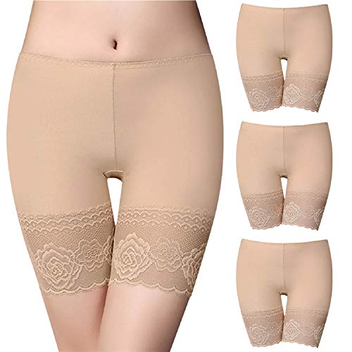 Tuopuda Damen Unterhose Unter Rock Kurz Hose Anti-Chafing Spitze Shorts 3er Pack Radlerhose Boxershorts Miederhose Sicherheit Panty Lace Leggings Kurze Tight Anti-Rutsch Spitzenrand, Beige, XL von Tuopuda